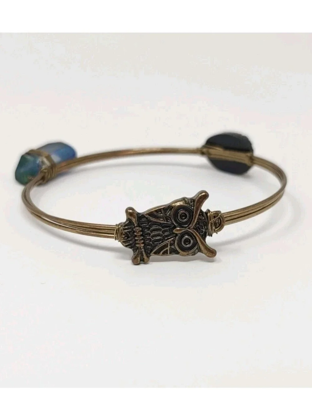 Boho Bangles Set of 3 Gold Bronze Tone Bracelets Wire Wrap Charms Feathers Owls